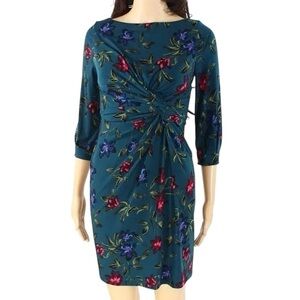 Lauren Ralph Lauren 3/4 Sleeve Teal Green Dark Faux Wrap Floral Dress